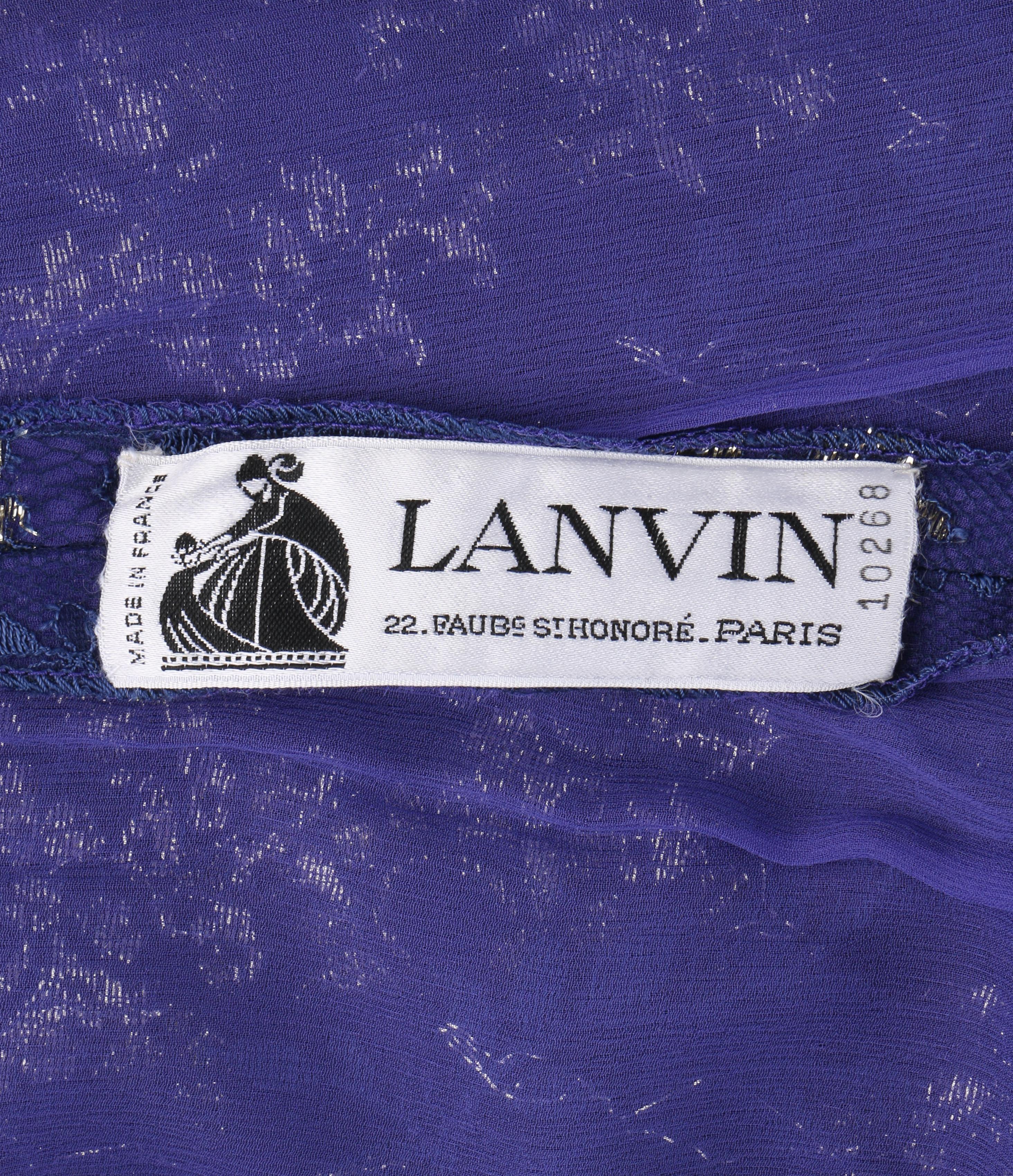 LANVIN Haute Couture c.1970s Periwinkle Gold Floral Lace Overlay Maxi Dress For Sale 2