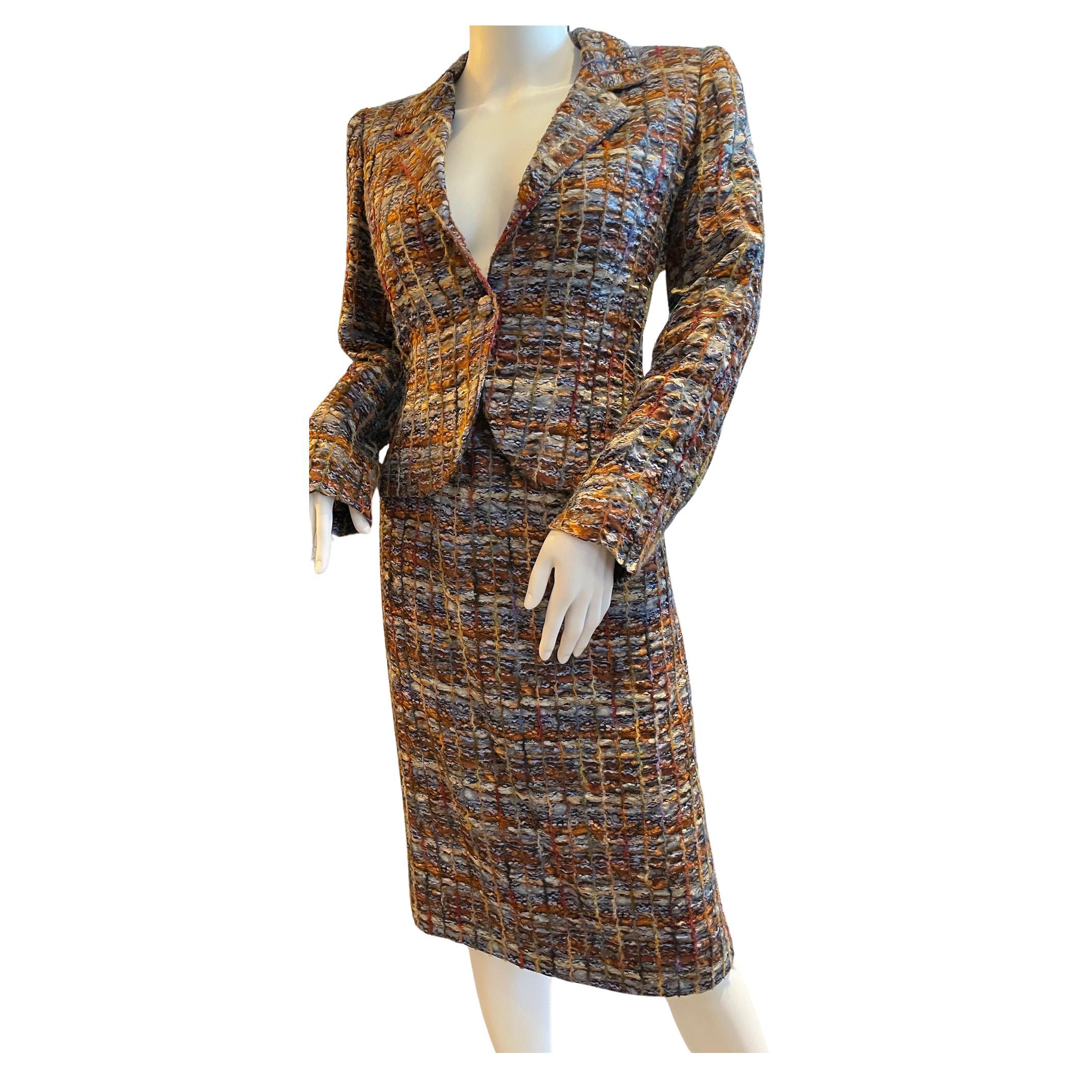 LANVIN COUTURE Vintage 1980s Brown Tartan Silk Mohair Fitted Suit For Sale