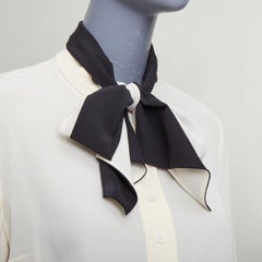 LANVIN cream 100% silk black contrast tie neck peasant blouse FR34 XS