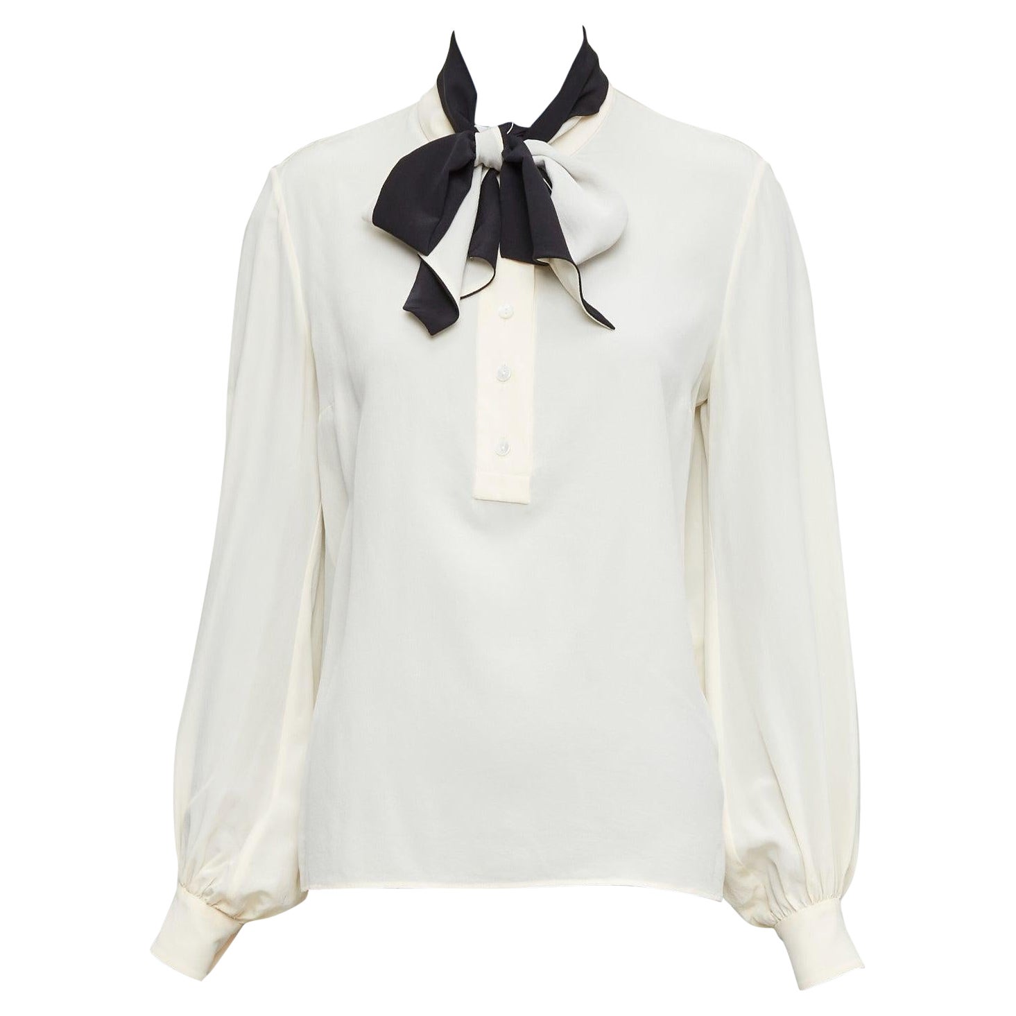 LANVIN cream 100% silk black contrast tie neck peasant blouse FR34 XS