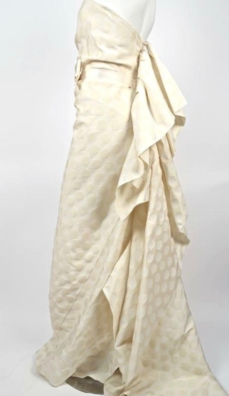 Cream polka dotted strapless gown with ruched bodice from Lanvin collection 'Blanche'. Fits a US size 2 or 4 (32-33