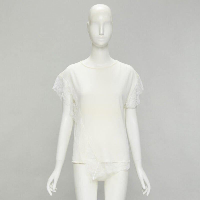 LANVIN - Pull en laine mélangée crème et blanc avec bordures en dentelle M en vente 5