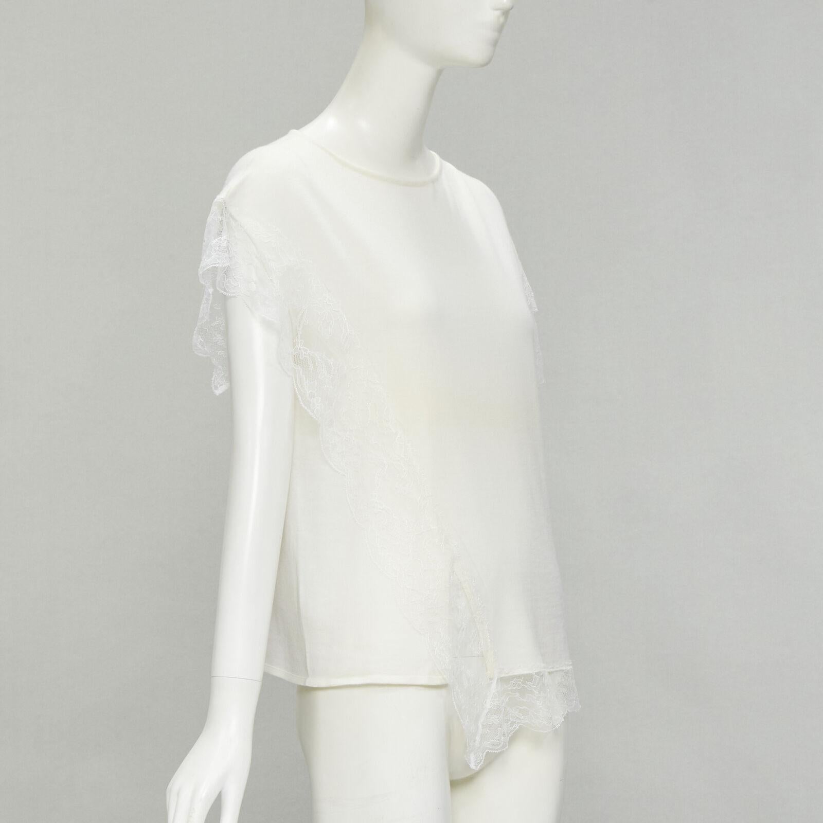 White LANVIN cream white wool blend lace trim knitted pullover top M For Sale