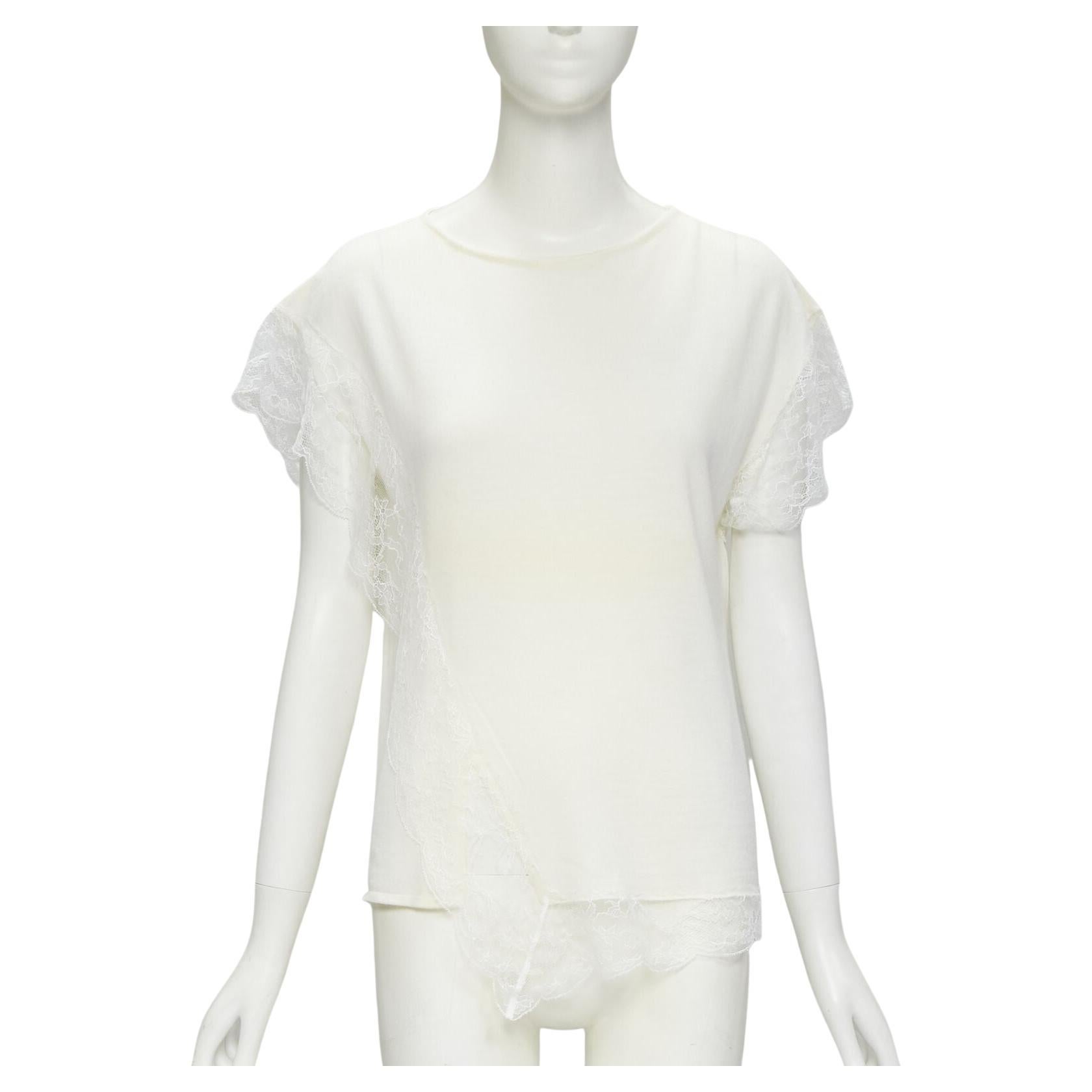 LANVIN cream white wool blend lace trim knitted pullover top M For Sale