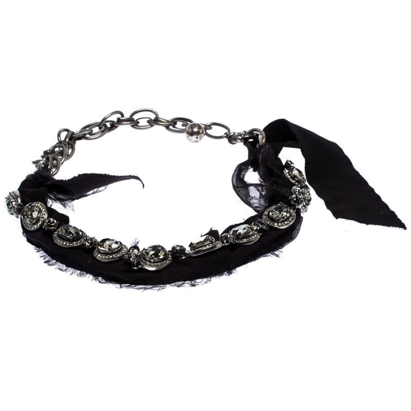 Lanvin Crystal Embellished Black Fabric Silver Tone Statement Necklace In Excellent Condition In Dubai, Al Qouz 2