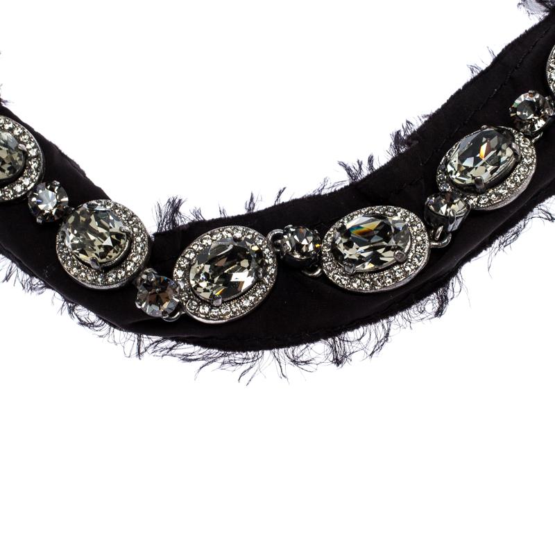 Women's Lanvin Crystal Embellished Black Fabric Silver Tone Statement Necklace