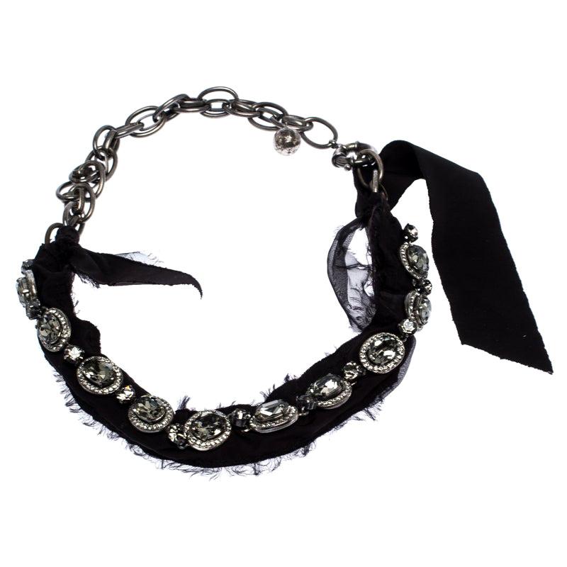 Lanvin Crystal Embellished Black Fabric Silver Tone Statement Necklace