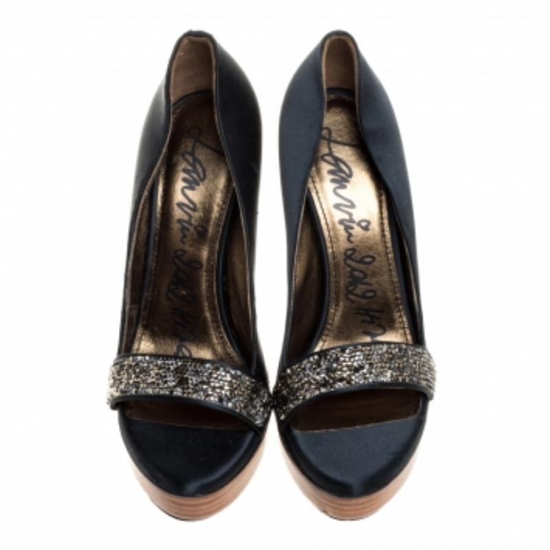 Black Lanvin Dark Green Satin Crystal Embellished Open Toe Platform Pumps Size 36 For Sale