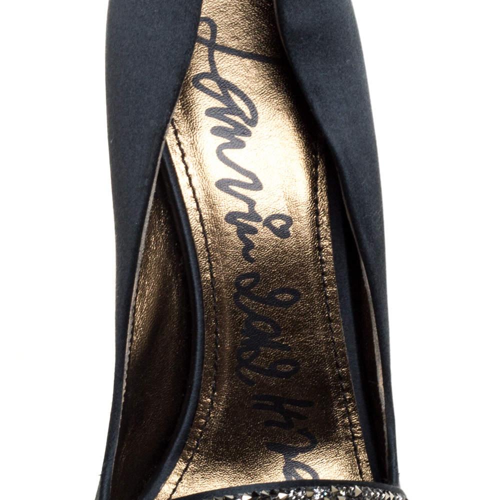 Lanvin Dark Green Satin Crystal Embellished Open Toe Platform Pumps Size 36 2