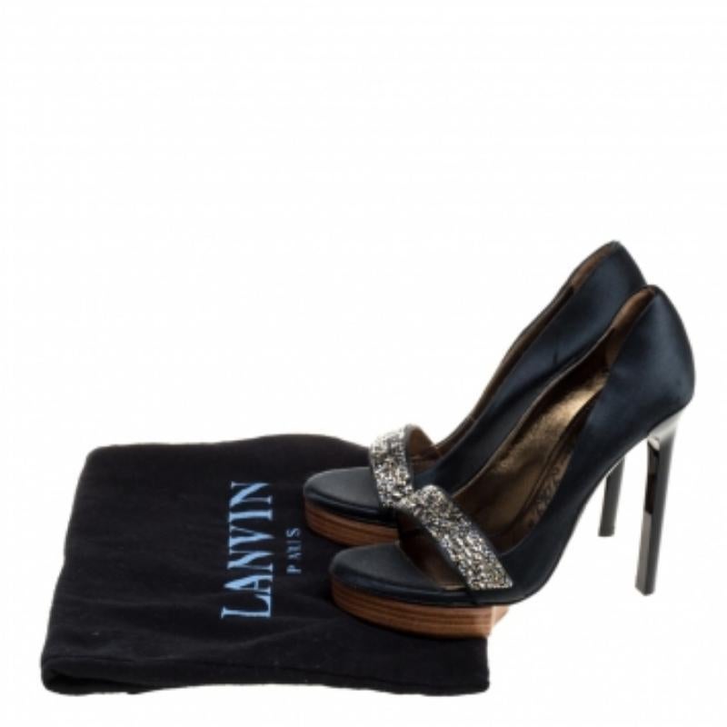 Lanvin Dark Green Satin Crystal Embellished Open Toe Platform Pumps Size 36 For Sale 2