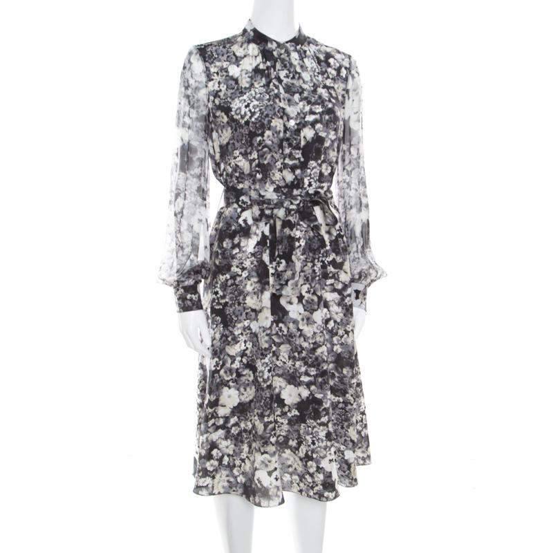 Gray Lanvin Dark Grey Floral Printed Silk Belted Midi Dress S