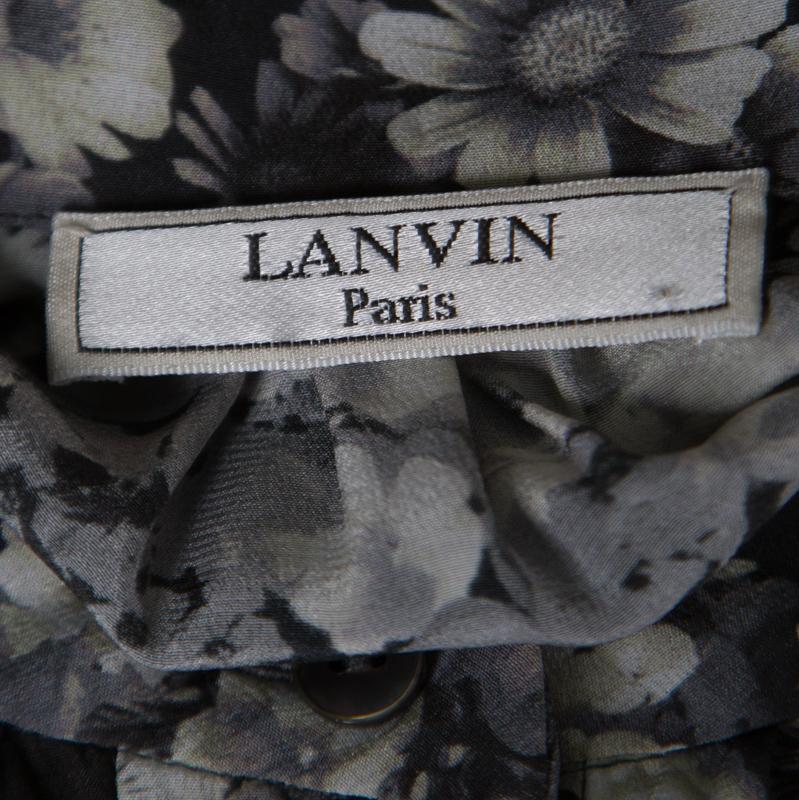Women's Lanvin Dark Grey Floral Printed Silk Belted Midi Dress S
