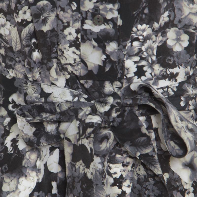 Lanvin Dark Grey Floral Printed Silk Belted Midi Dress S 1