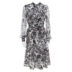 Lanvin Dark Grey Floral Printed Silk Belted Midi Dress S
