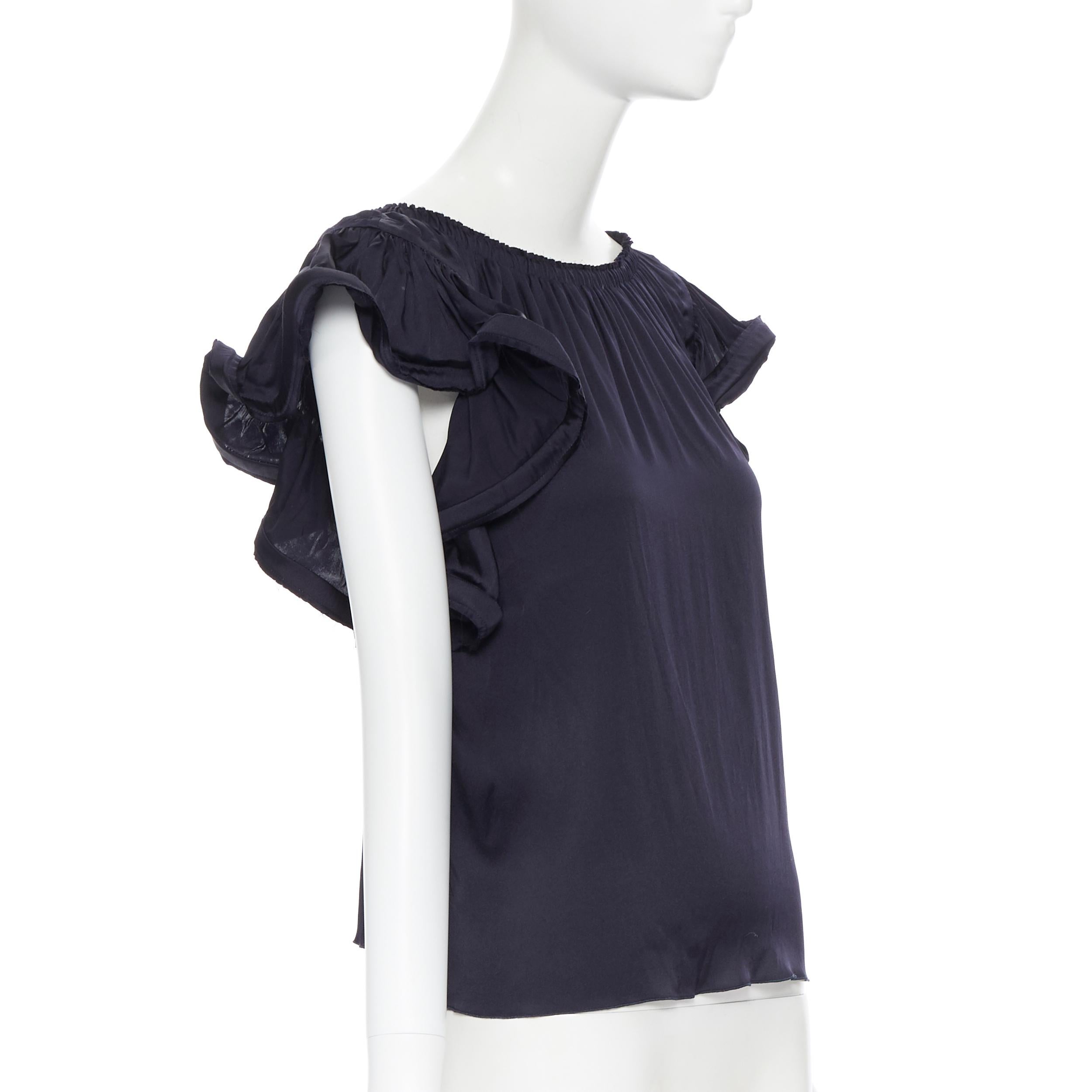 Black LANVIN Elbaz 2008 stretch silk elasticated neckline ruffle sleeve top FR34 XS