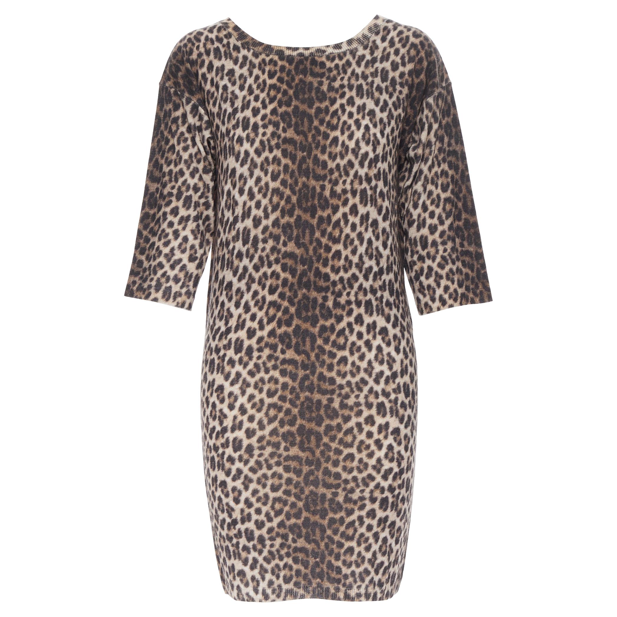LANVIN ELBAZ 2010 100% wool brown leopard spot 3/4 sleeve knit sweater dress XS