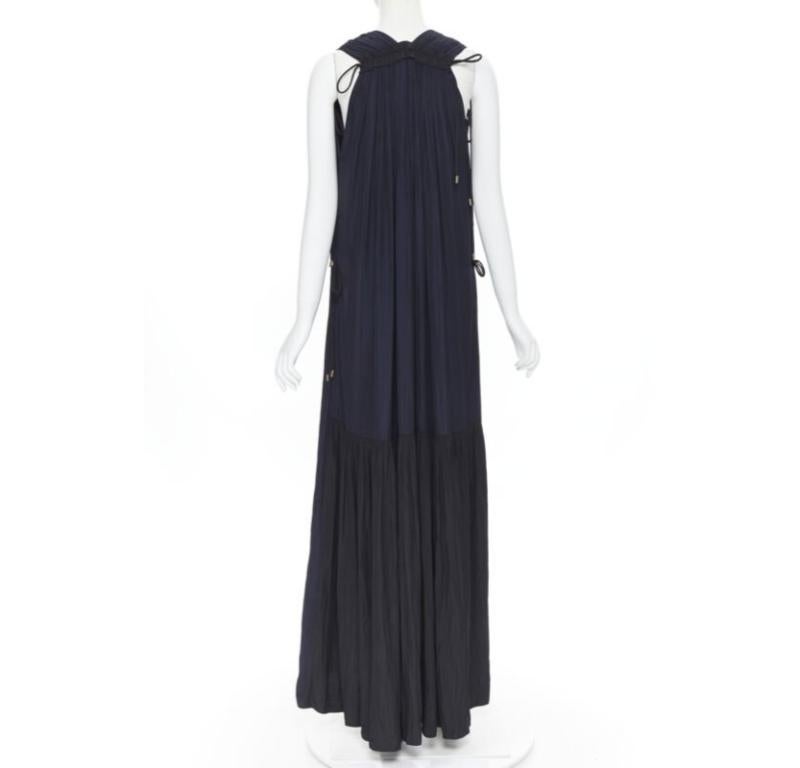 Donna LANVIN Elbaz maxi abito blu notte nero a pieghe con dettaglio cravatta FR34 XS