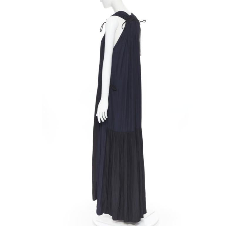 LANVIN Elbaz maxi abito blu notte nero a pieghe con dettaglio cravatta FR34 XS 1