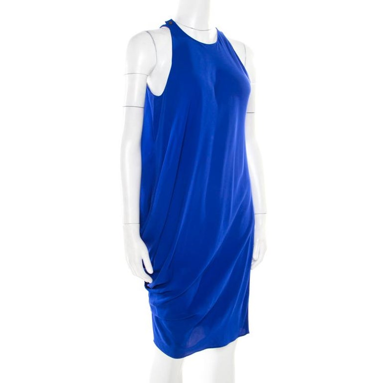 Lanvin Electric Blue Silk Sleeveless Draped Dress S For Sale at 1stDibs