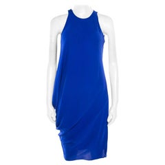 Lanvin Electric Blue Silk Sleeveless Draped Dress S