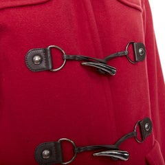 LANVIN EN BLEU red wool blend black brown toggle leather pea coat FR36 S