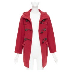 LANVIN EN BLEU red wool blend black brown toggle leather pea coat FR36 S