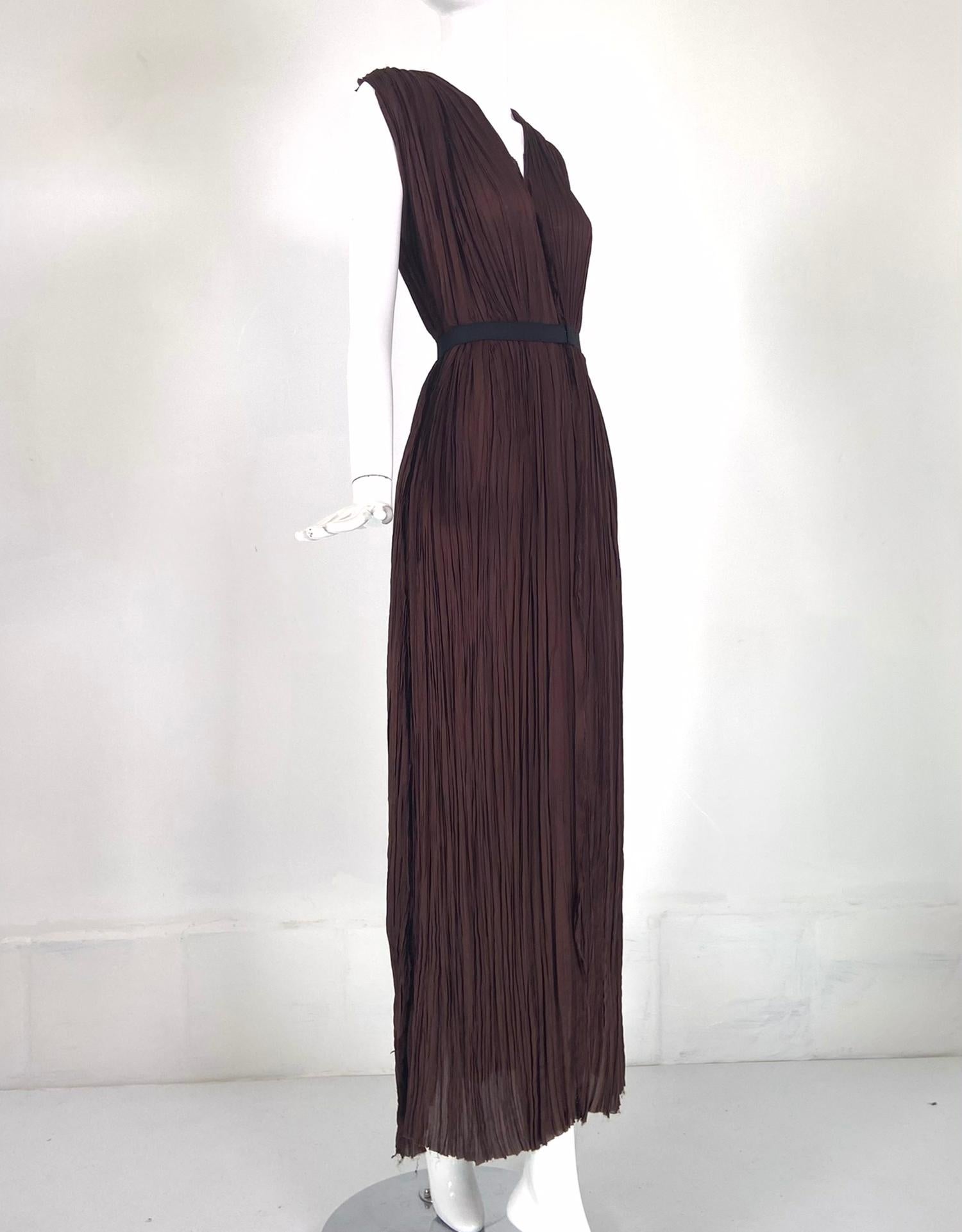 Lanvin Ete' 2005 Fortuny style pleated V neck, sleeveless maxi dress in chocolate brown. This statement making dress was designed by Alber Elbaz, it features raw seams & edges, a V neckline and comes with a black elastic belt that closes with a