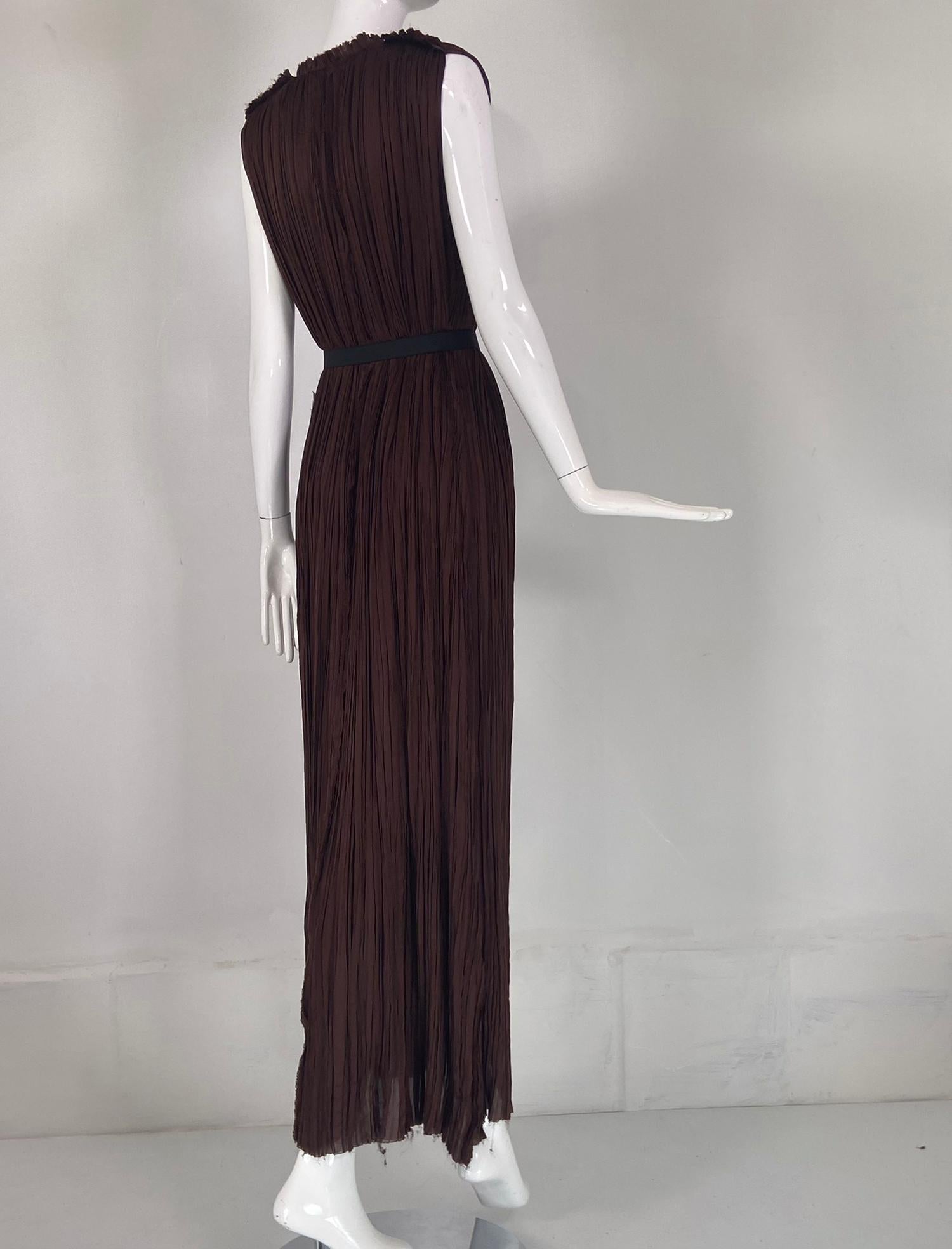 Lanvin Ete' 2005 Fortuny Pleated V Neck Maxi Dress Chocolate Brown Alber Elbaz In Good Condition In West Palm Beach, FL