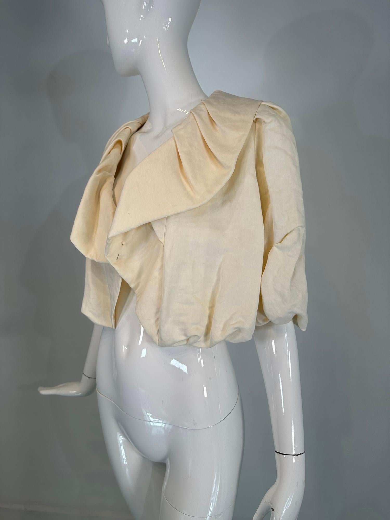 Lanvin Ete' 2006 Alber Elbaz Cream Shawl Collar Cropped Puff Sleeve Jacket  For Sale 7