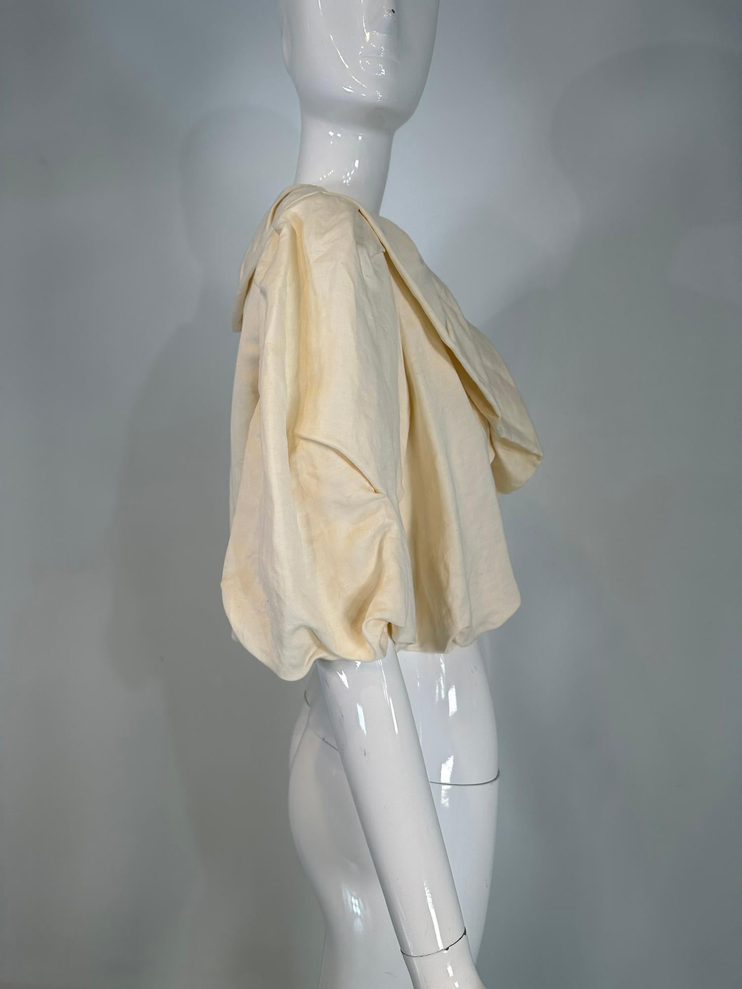 Women's Lanvin Ete' 2006 Alber Elbaz Cream Shawl Collar Cropped Puff Sleeve Jacket  For Sale