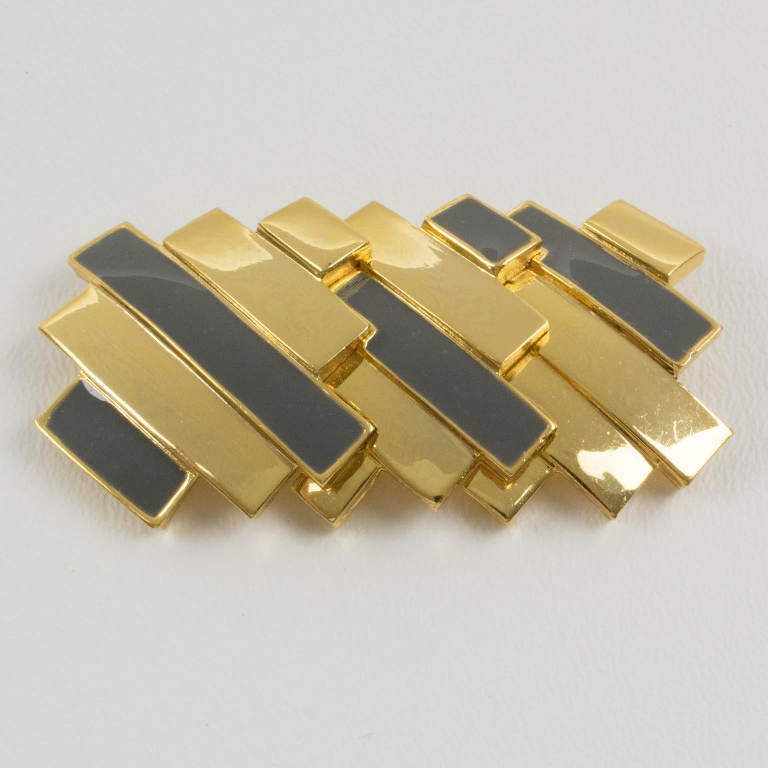 Lanvin Geometric Brooch Gilded Metal and Gray Enamel For Sale 1