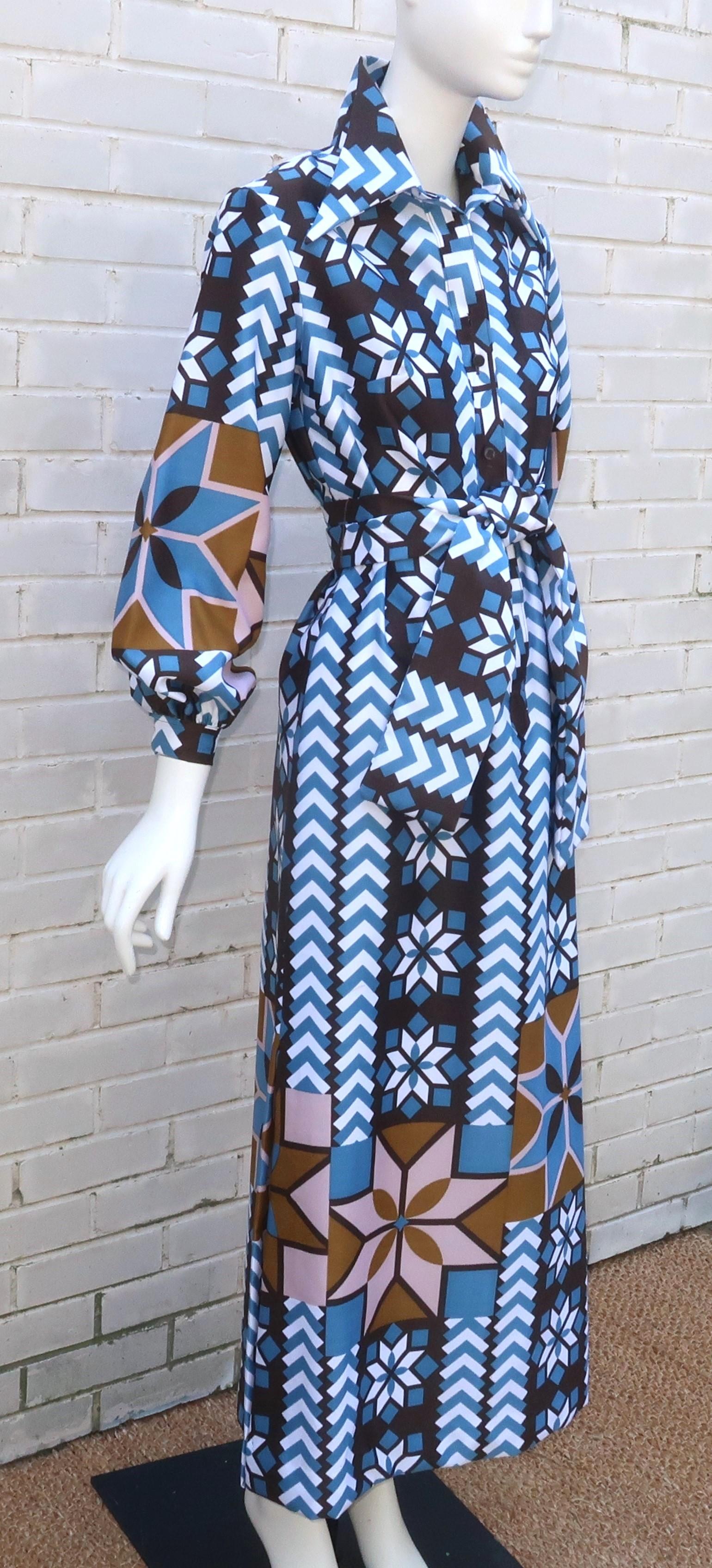 Lanvin Geometric Print Maxi Shirt Dress, 1970's In Good Condition In Atlanta, GA