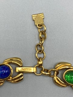 Lanvin 1980s Gold Chain with Blue & Green Cabochon Necklace with Leaf Earrings