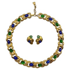 Retro Lanvin 1980s Gold Chain with Blue & Green Cabochon Necklace with Leaf Earrings