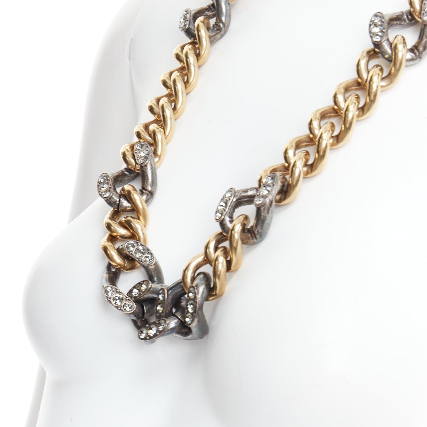 LANVIN gold bronze crystal embellished giant curb necklace
Reference: SNKO/A00513
Brand: Lanvin
Designer: Alber Elbaz
Material: Metal
Color: Gold, Bronze
Pattern: Solid
Closure: Loop Through

CONDITION:
Condition: Very good, this item was pre-owned