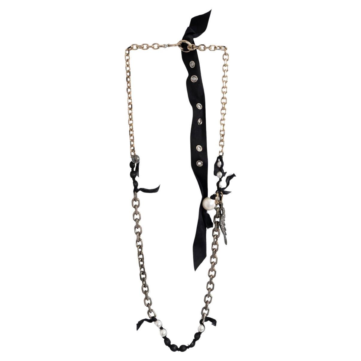 LANVIN gold & silver CRYSTAL WING & PEARL CHAIN Necklace For Sale