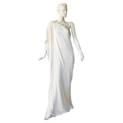 Lanvin Grecian Drape One Shoulder White Gown with Embellished Flower Neckline