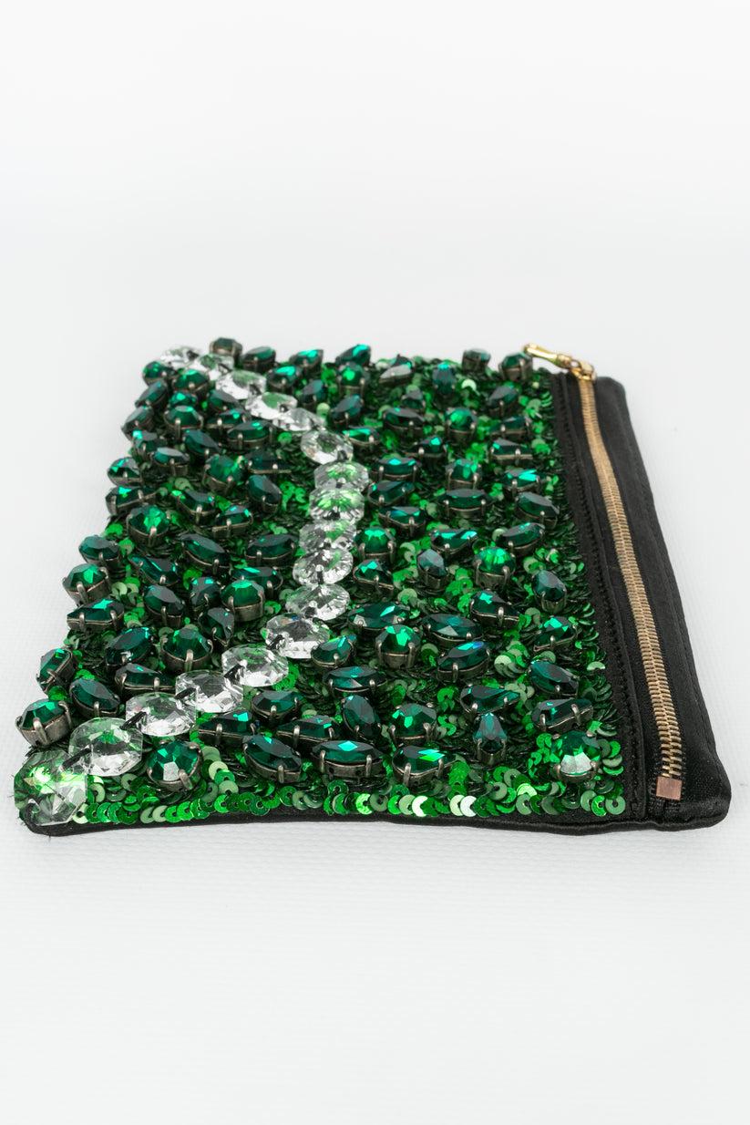 Lanvin Green Embroidered Clutch Bag In Excellent Condition For Sale In SAINT-OUEN-SUR-SEINE, FR