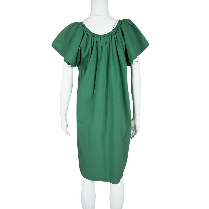 Lanvin Green Gathered Cotton Dress L In Good Condition In Dubai, Al Qouz 2