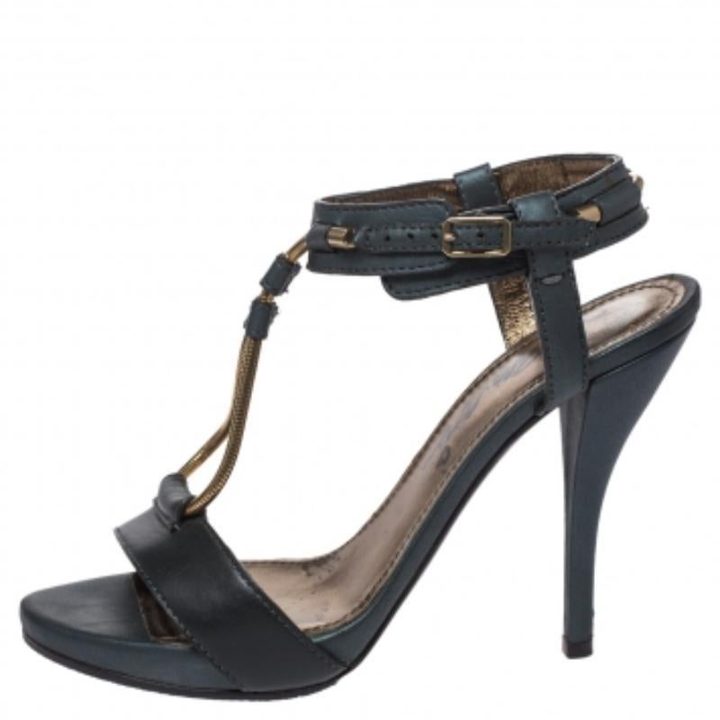 Black Lanvin Green Leather and Elastic Metal String T-Strap Open Toe Sandals Size 35.5 For Sale