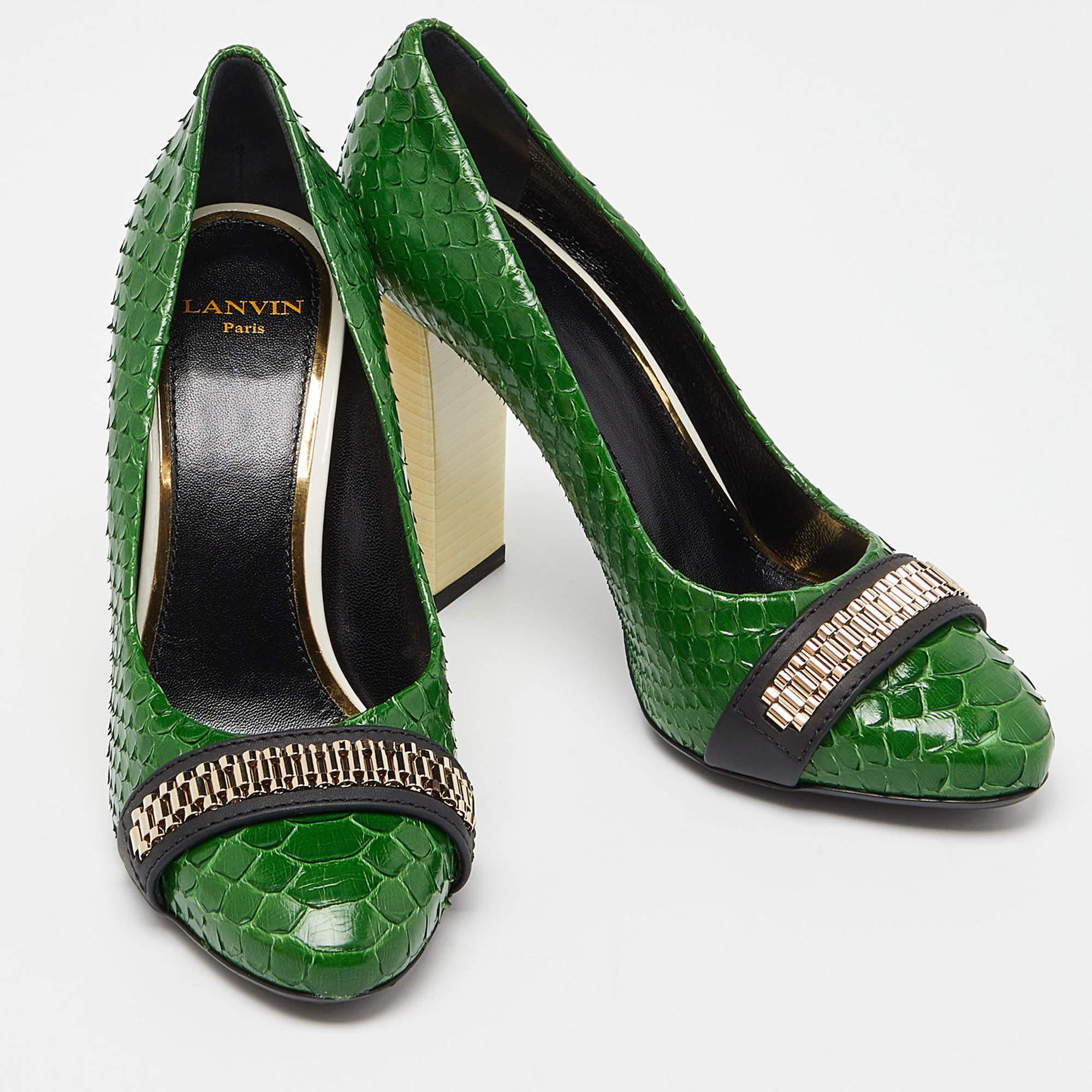 Black Lanvin Green Python Leather Embellished Block Heel Pumps Size 37