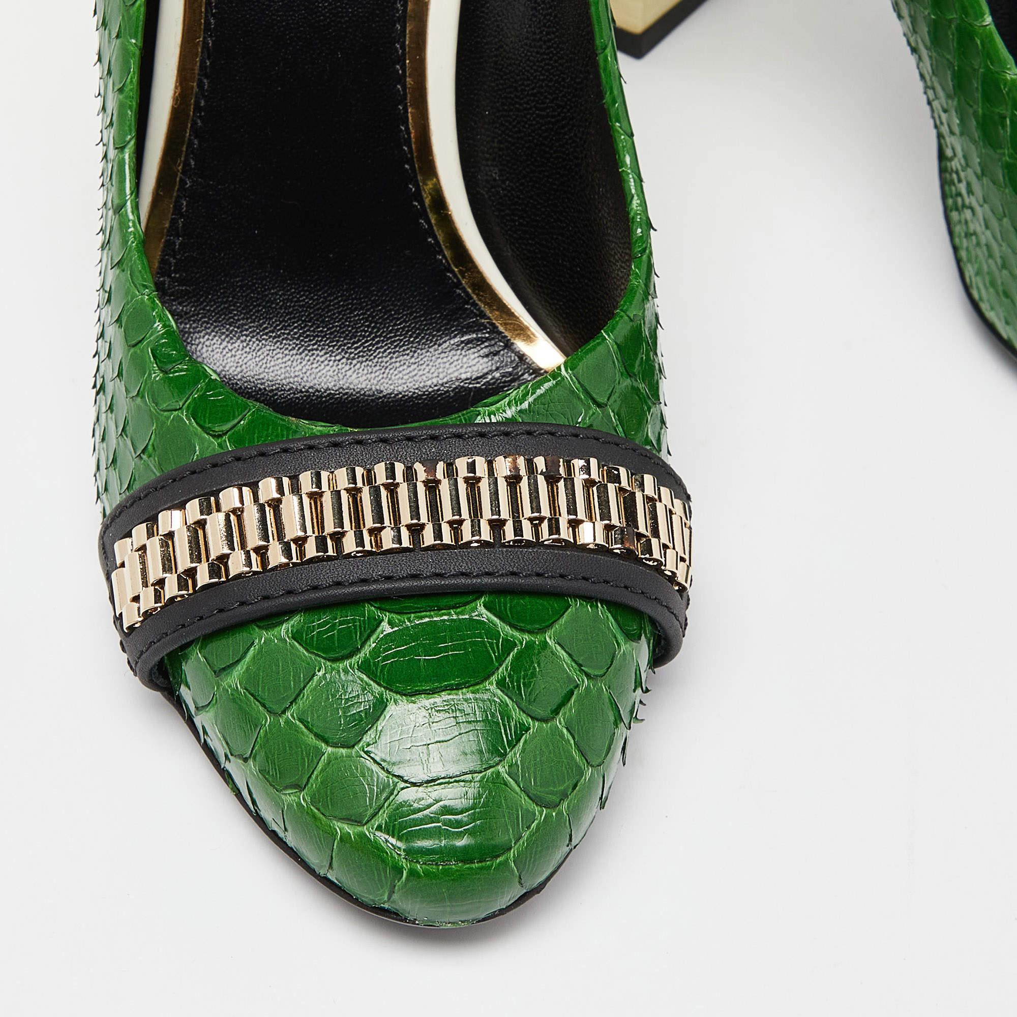 Lanvin Green Python Leather Embellished Block Heel Pumps Size 37 1