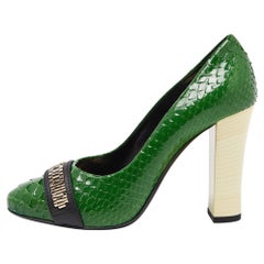 Lanvin Green Python Leather Embellished Block Heel Pumps Size 37