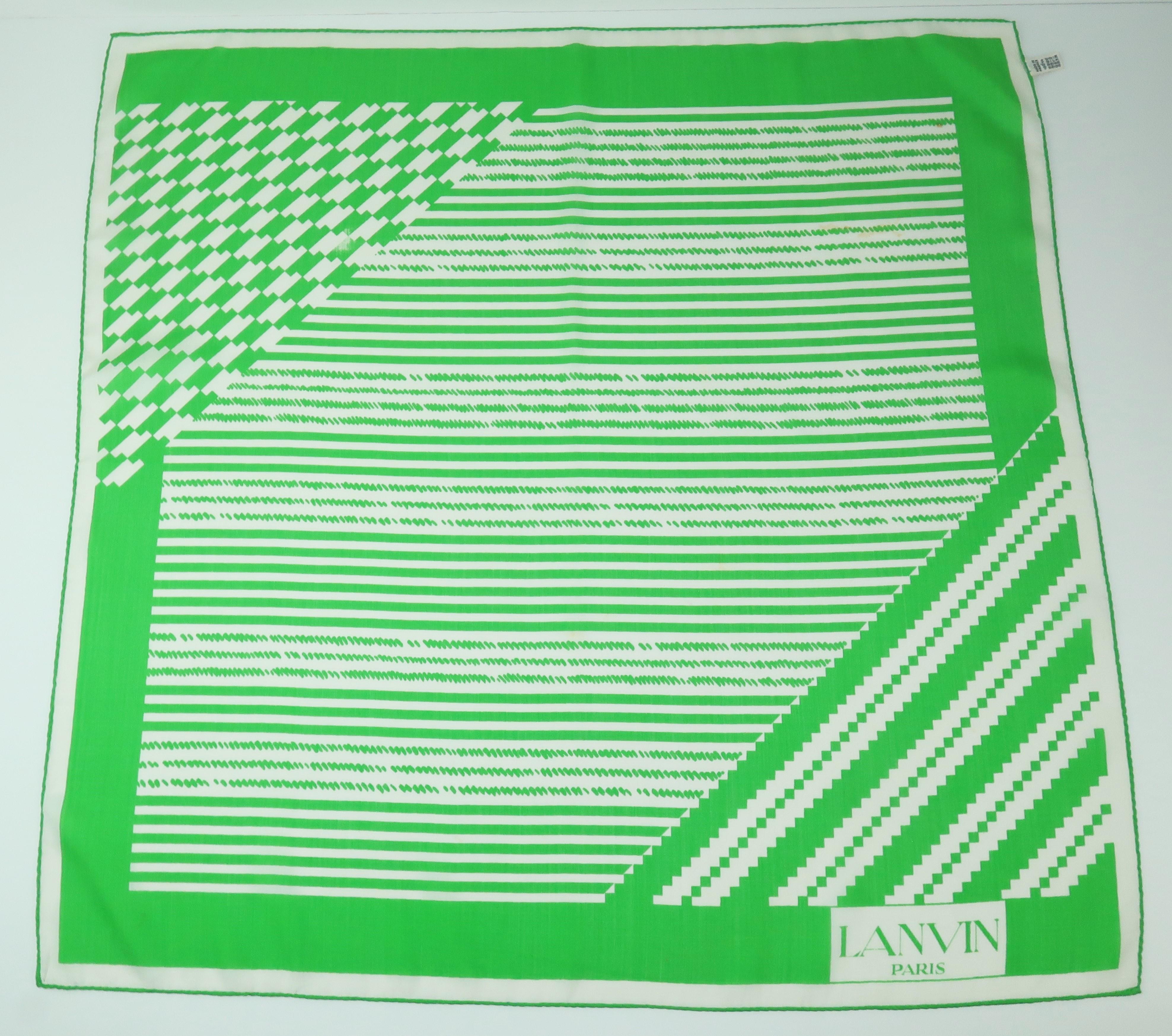 Crisp green and white Lanvin silk scarf with the weight and feel of fine cotton.  Perfect for warm weather seasons and locales.  Measures 22.5