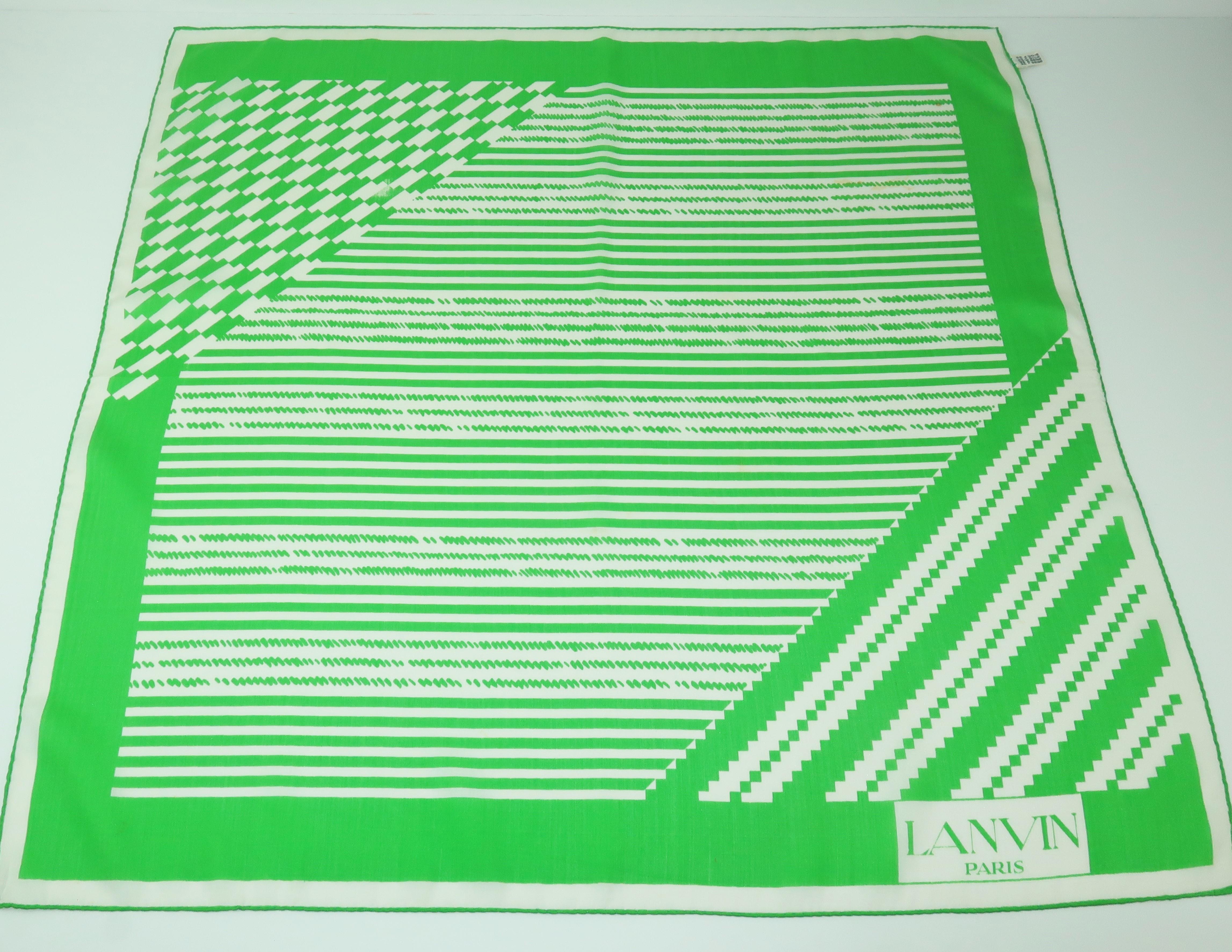 Lanvin Green & White Silk Scarf, 1970's In Fair Condition In Atlanta, GA
