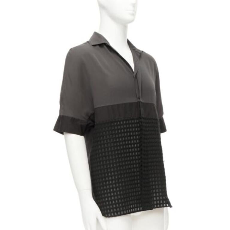 Black LANVIN grey black silky twill mix texture short sleeves dress shirt EU38/15 S For Sale