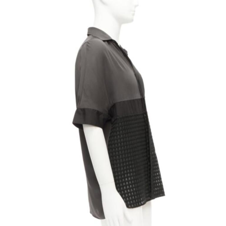 LANVIN grey black silky twill mix texture short sleeves dress shirt EU38/15 S In Good Condition For Sale In Hong Kong, NT