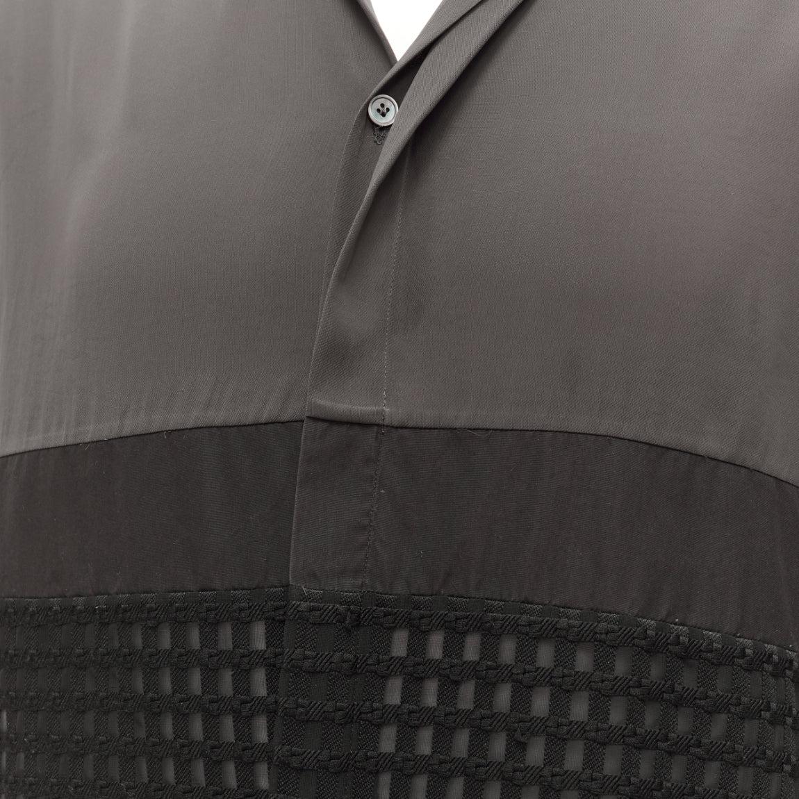 LANVIN grey black silky twill mix texture short sleeves dress shirt EU38/15 S For Sale 2