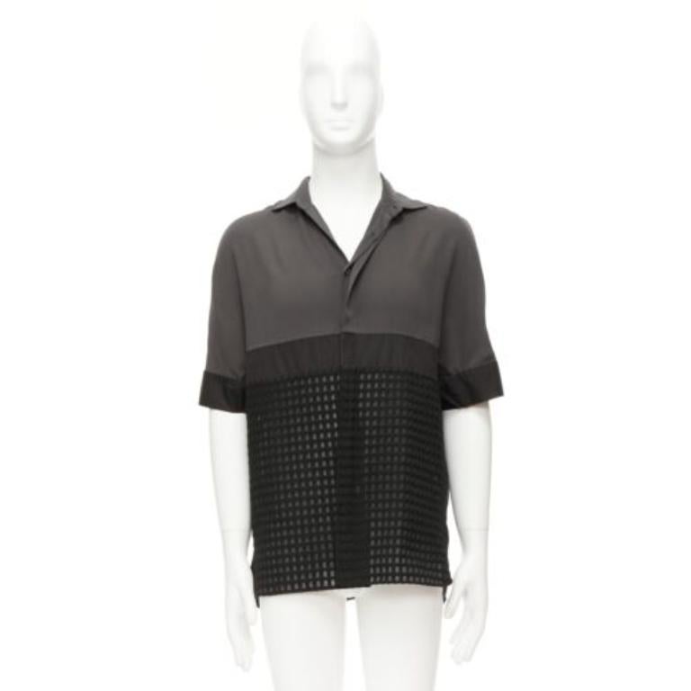 LANVIN grey black silky twill mix texture short sleeves dress shirt EU38/15 S For Sale 4