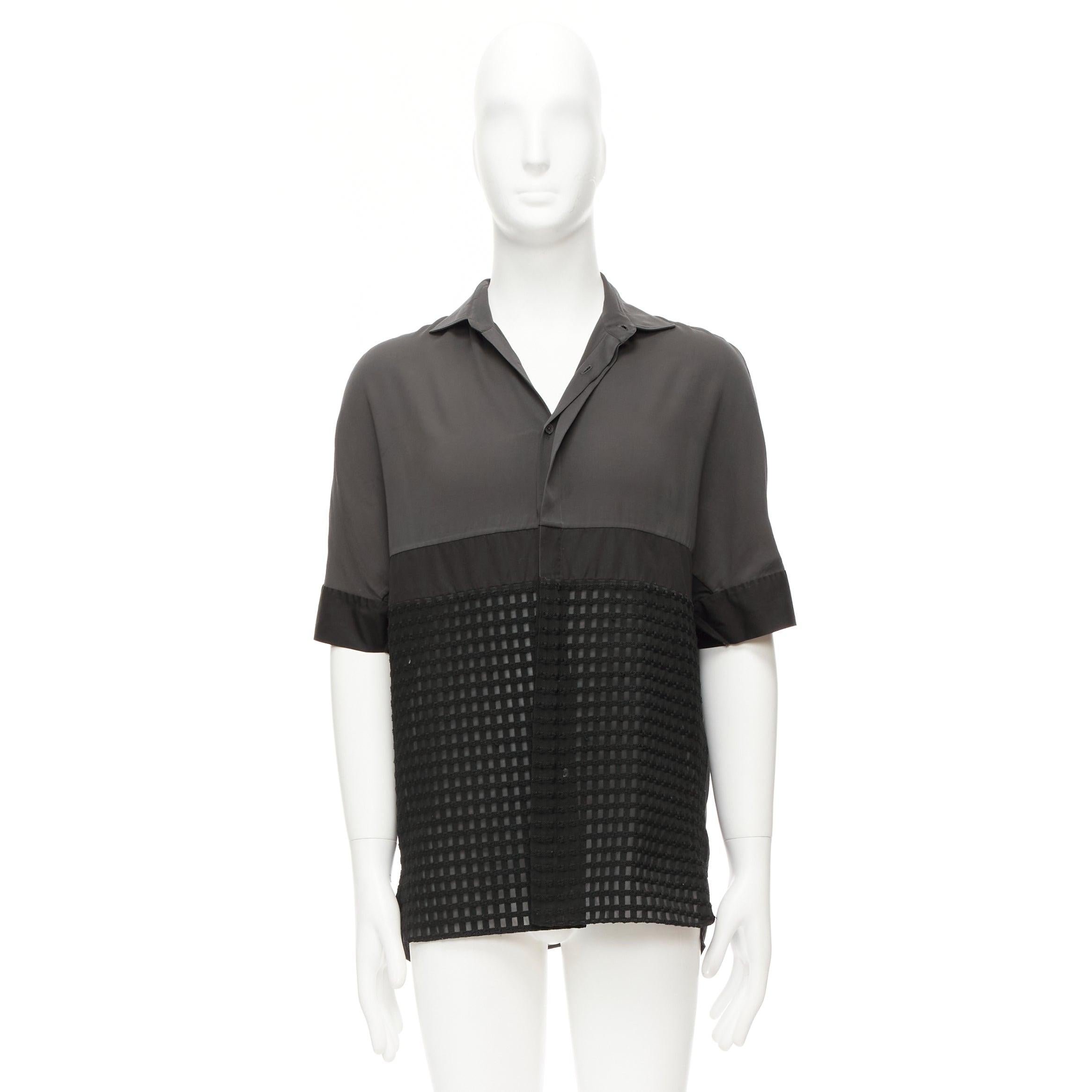 LANVIN grey black silky twill mix texture short sleeves dress shirt EU38/15 S For Sale 5